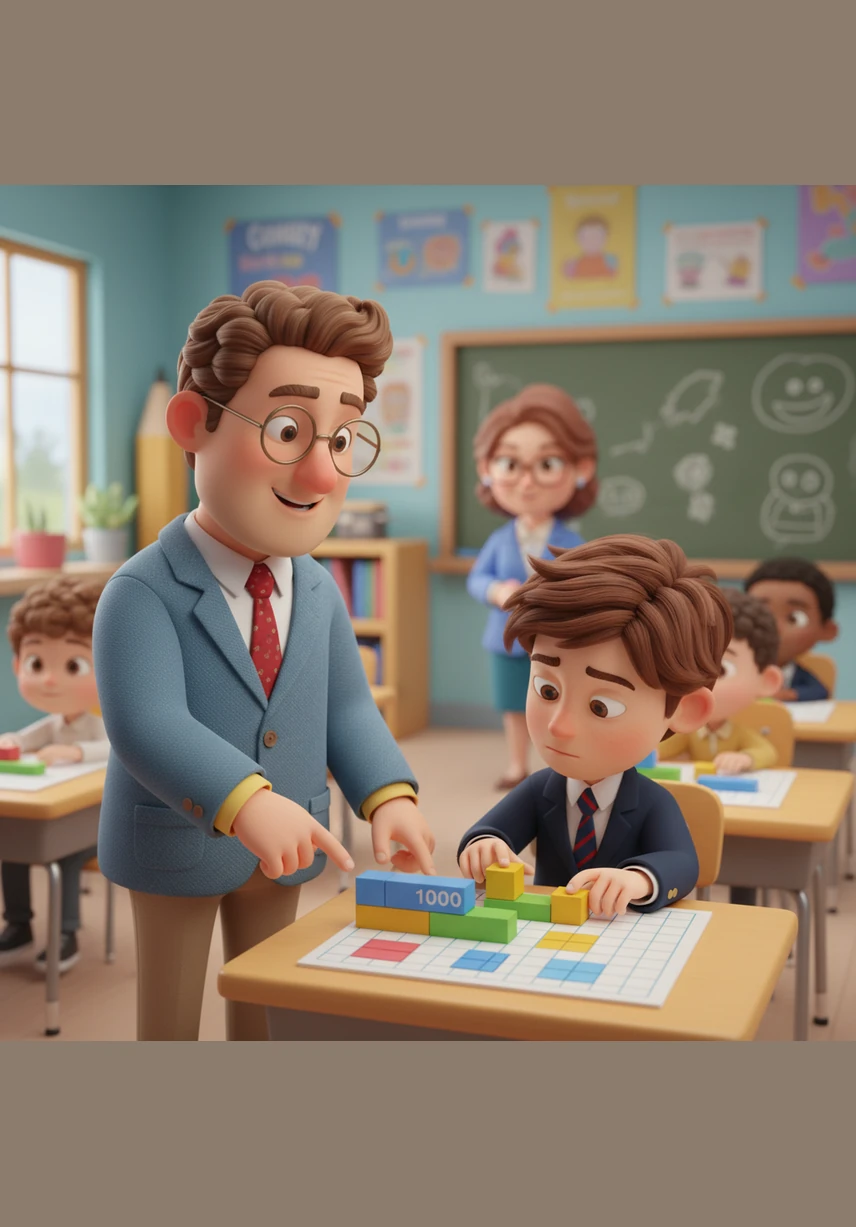 The next day, Mr. Miller approaches Leo’s desk with a set of colorful base-ten blocks and a specialized grid paper. Instead of just writing numbers, he helps Leo build the math problems physically, turning abstract concepts into something he can touch and see.