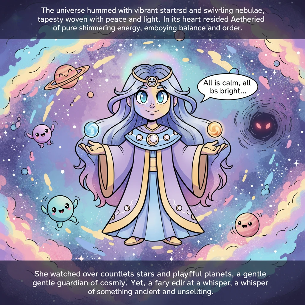 The universe hummed with vibrant stardust and swirling nebulae, a tapestry woven with peace and light. In its heart resided Aetheria, a being of pure
