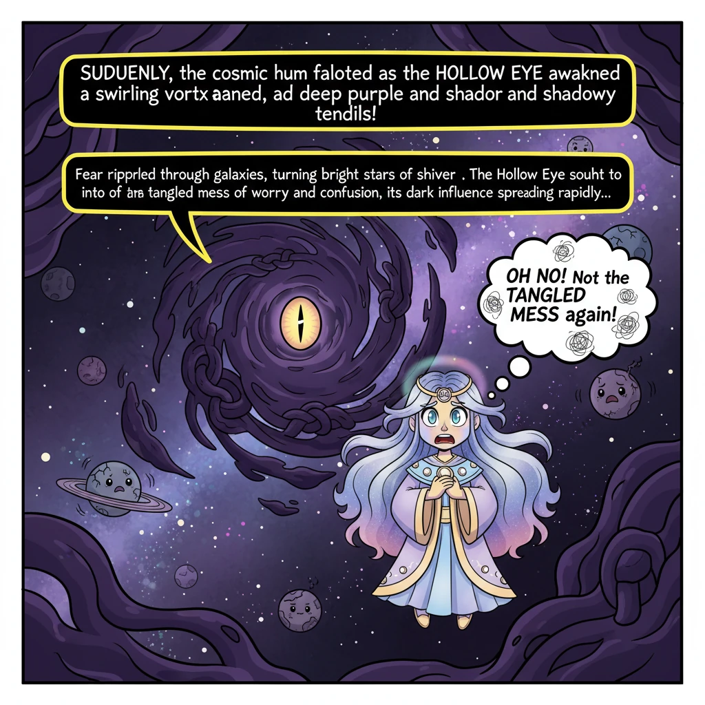 Suddenly, the cosmic hum faltered as the Hollow Eye awakened, a swirling vortex of deep purple and shadowy tendrils. Fear rippled through the galaxies