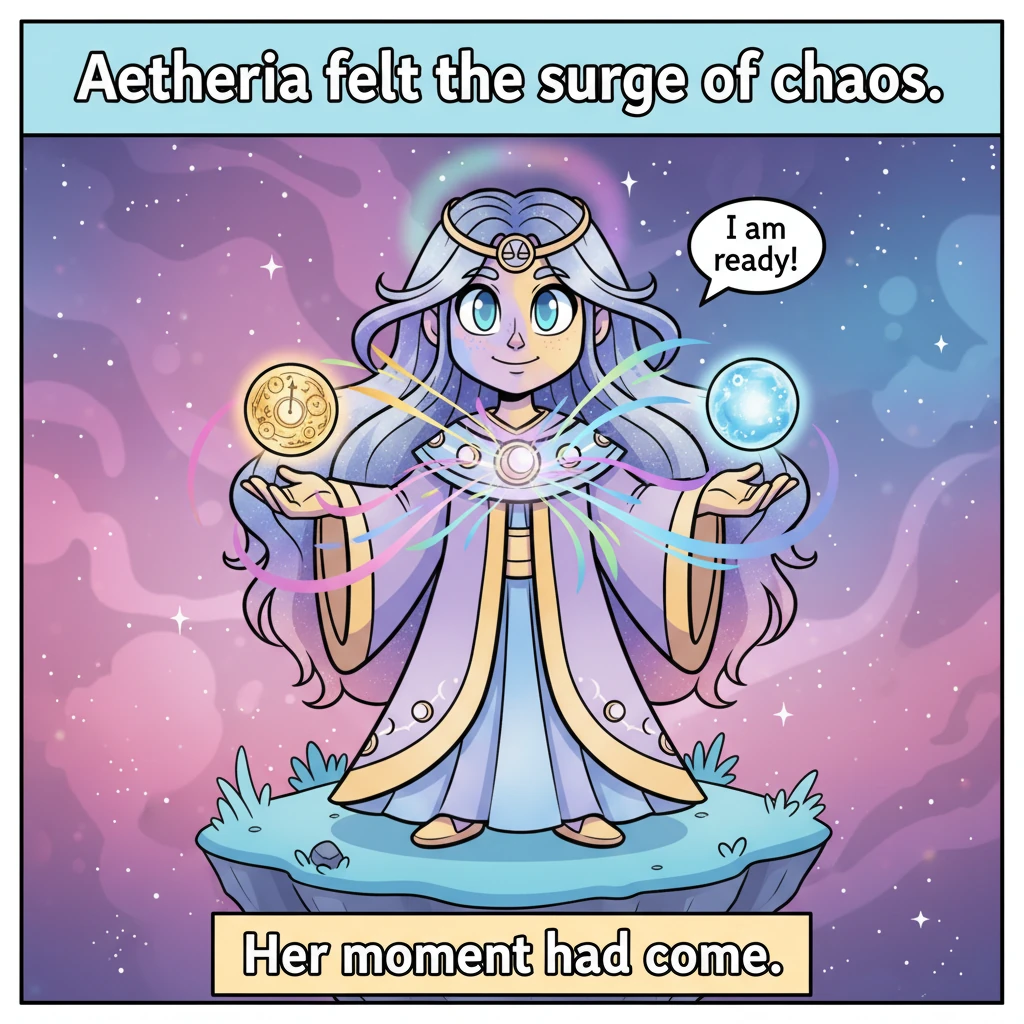Aetheria felt the surge of chaos and knew her moment had come. Her form glowed brighter, radiating a spectrum of soft, hopeful colors as she prepared
