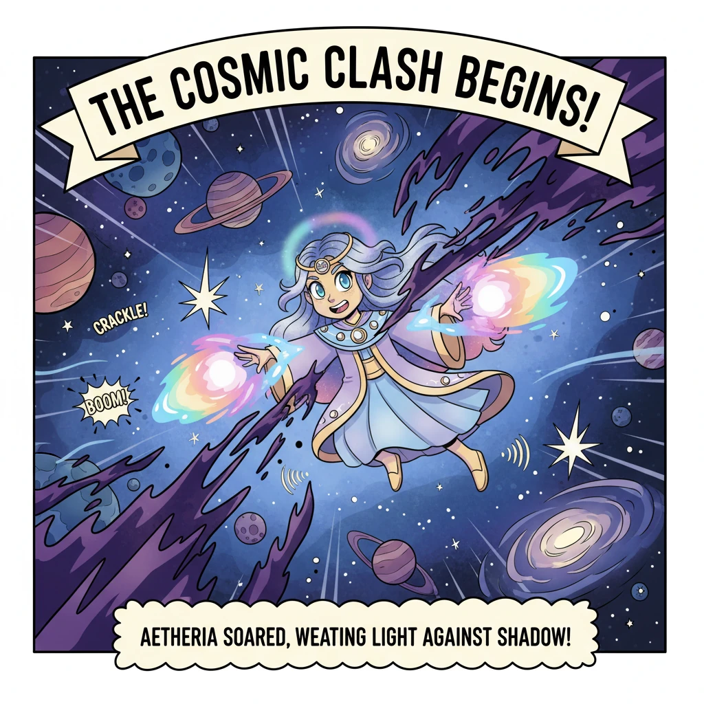 The great war erupted with dazzling flashes of light and booming echoes that shook the very fabric of space. Aetheria soared through starfields, defle