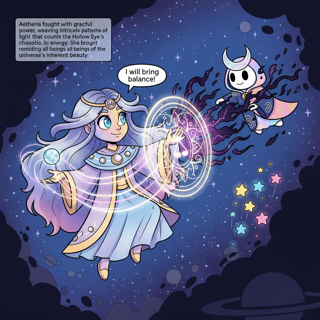 Aetheria fought with graceful power, weaving intricate patterns of light that countered the Hollow Eye's chaotic energy. She conjured shimmering shiel