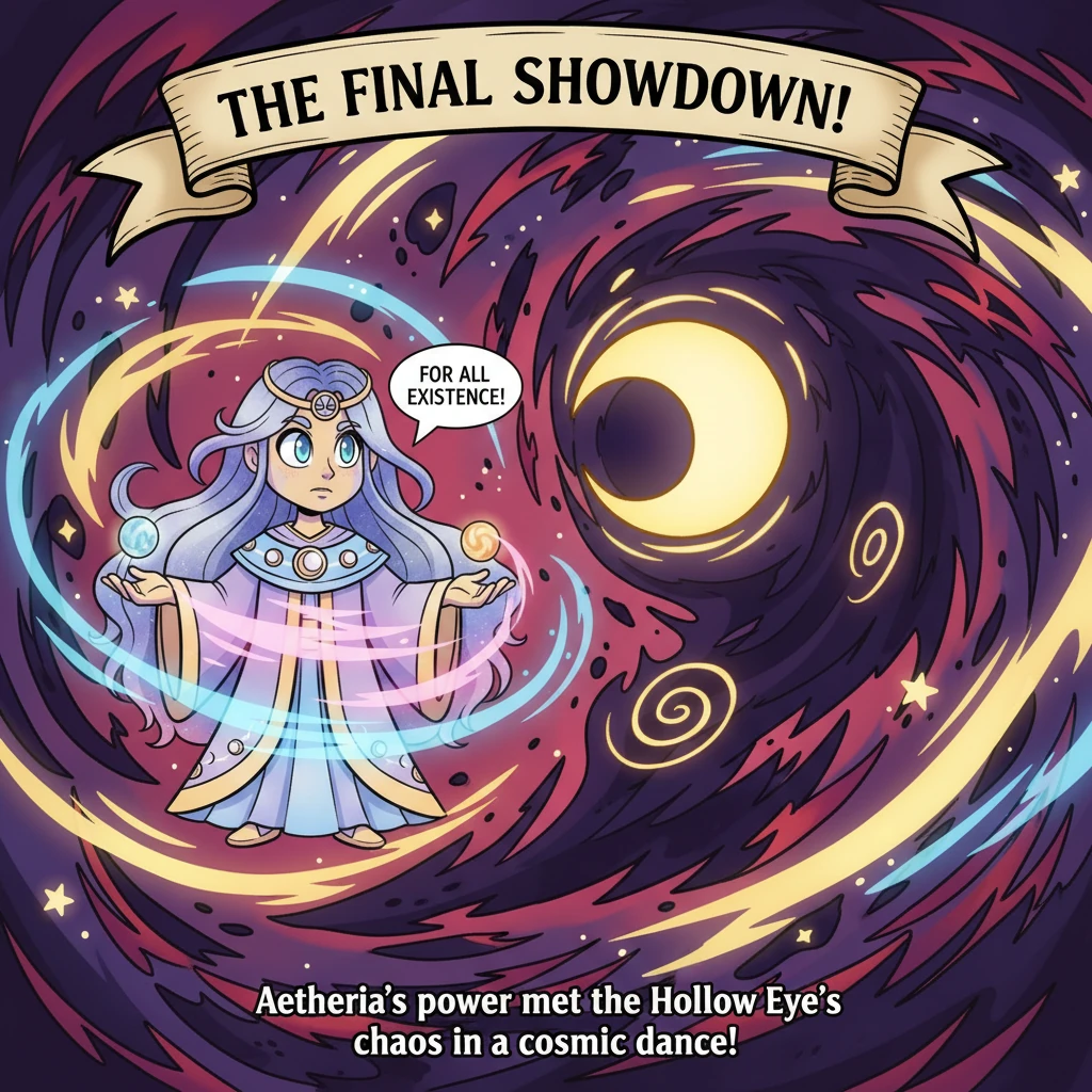 Finally, Aetheria confronted the Hollow Eye in a swirling maelstrom of light and shadow, the ultimate showdown. Her radiant form pulsed with immense p