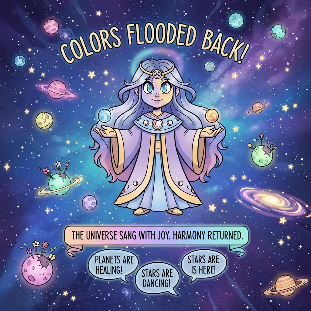 Colors flooded back into the universe, brighter and more vivid than before, as planets healed and stars twinkled with renewed joy. The heavy veil of f
