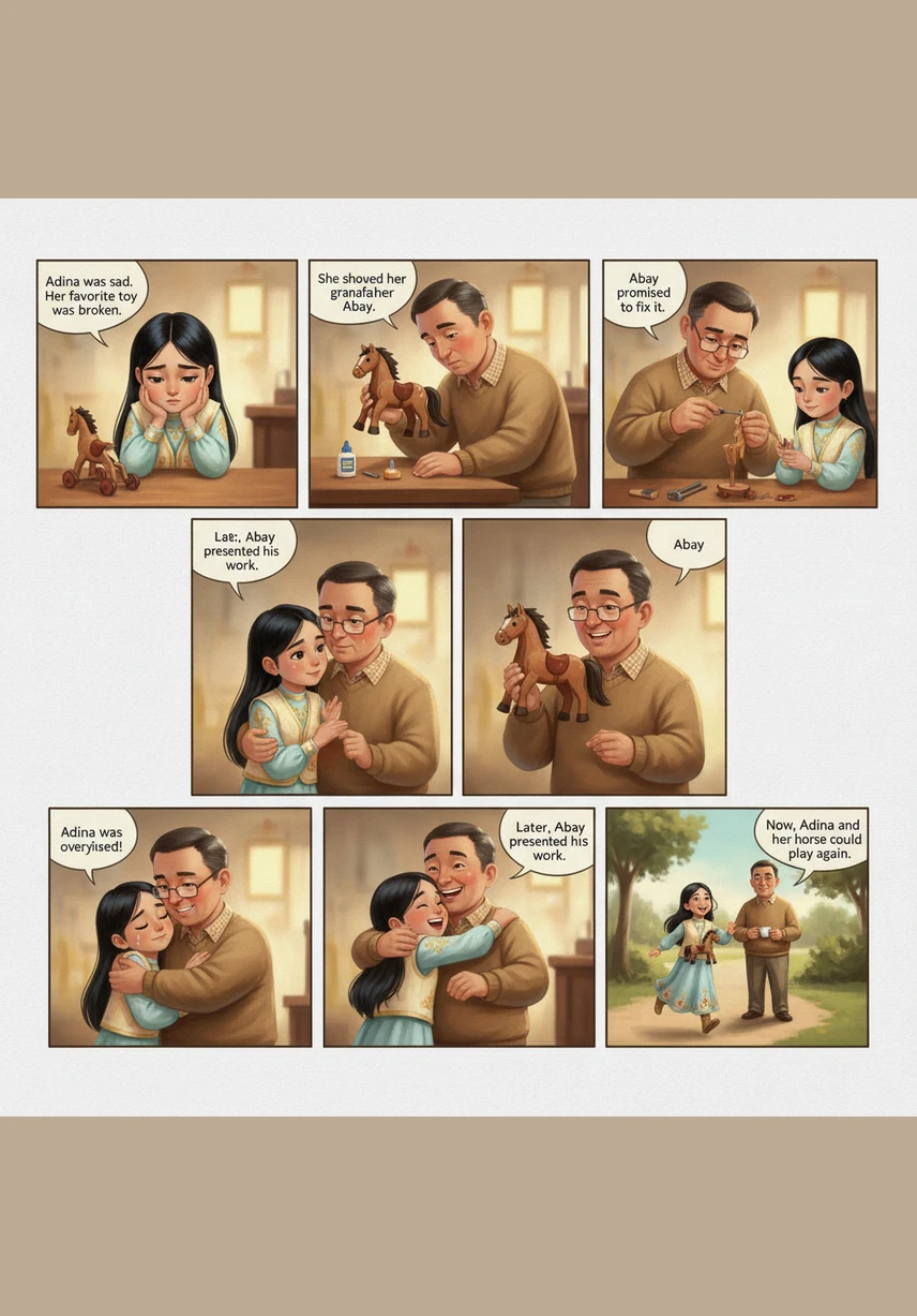 Айсулу зашла в комнату к папе, когда за окном стояло жаркое лето. Золотистые лучи солнца заливали уютный дом теплым светом, создавая атмосферу радости. Девочка подошла ближе, ведь у нее был один очень важный вопрос.