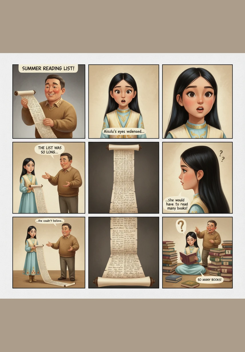 Когда папа показал Айсулу список литературы на лето, ее глаза округлились от сильного удивления. Список был таким длинным, что девочка не могла поверить, что ей придется прочитать так много книг.