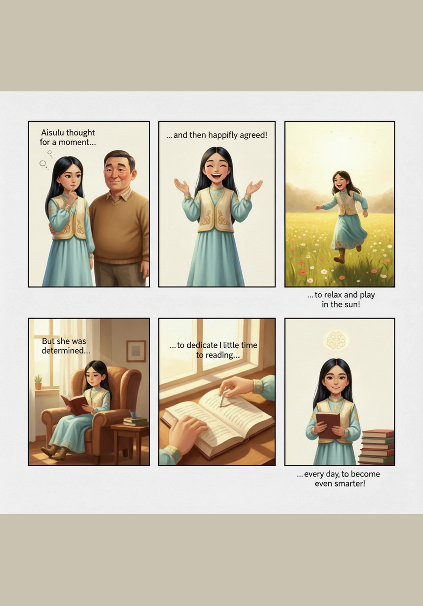 Айсулу немного подумала и весело согласилась, что будет отдыхать и играть на солнце. Но она твердо решила, что каждый день будет уделять немного времени чтению, чтобы стать еще умнее.