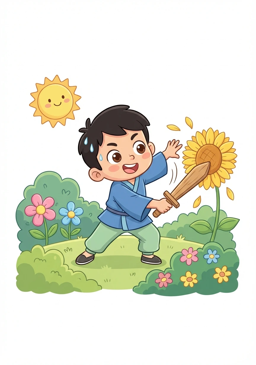 Sasuke, ajeno a lo que está sucediendo, se encuentra practicando con su espada en el jardín. El sol brilla sobre su rostro, resaltando su belleza juvenil e inocente.