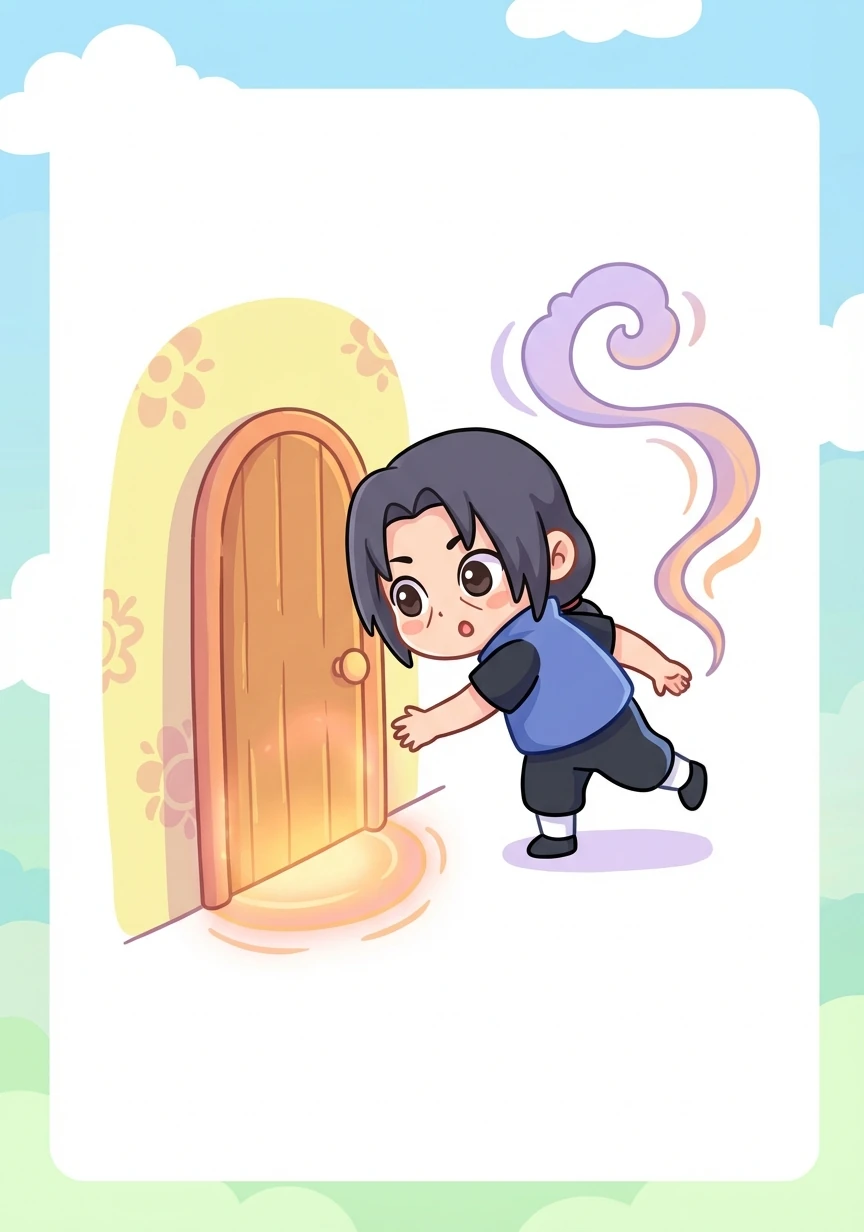 El aroma se intensifica, guiando a Itachi hacia la fuente: la habitación de Sasuke. La puerta parece irradiar un aura tentadora, invitándolo a entrar.