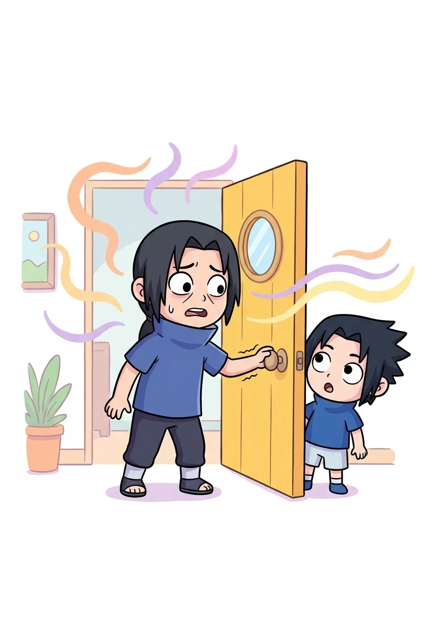Con manos temblorosas, Itachi abre la puerta y se encuentra con Sasuke, quien lo mira con sorpresa. El aroma es abrumador; Itachi apenas puede controlarse.