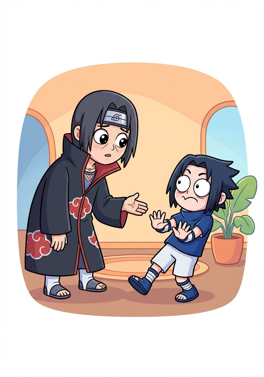 Itachi se acerca lentamente a Sasuke, quien retrocede instintivamente. La habitación se llena de una tensión palpable, un conflicto entre el deseo y el deber.