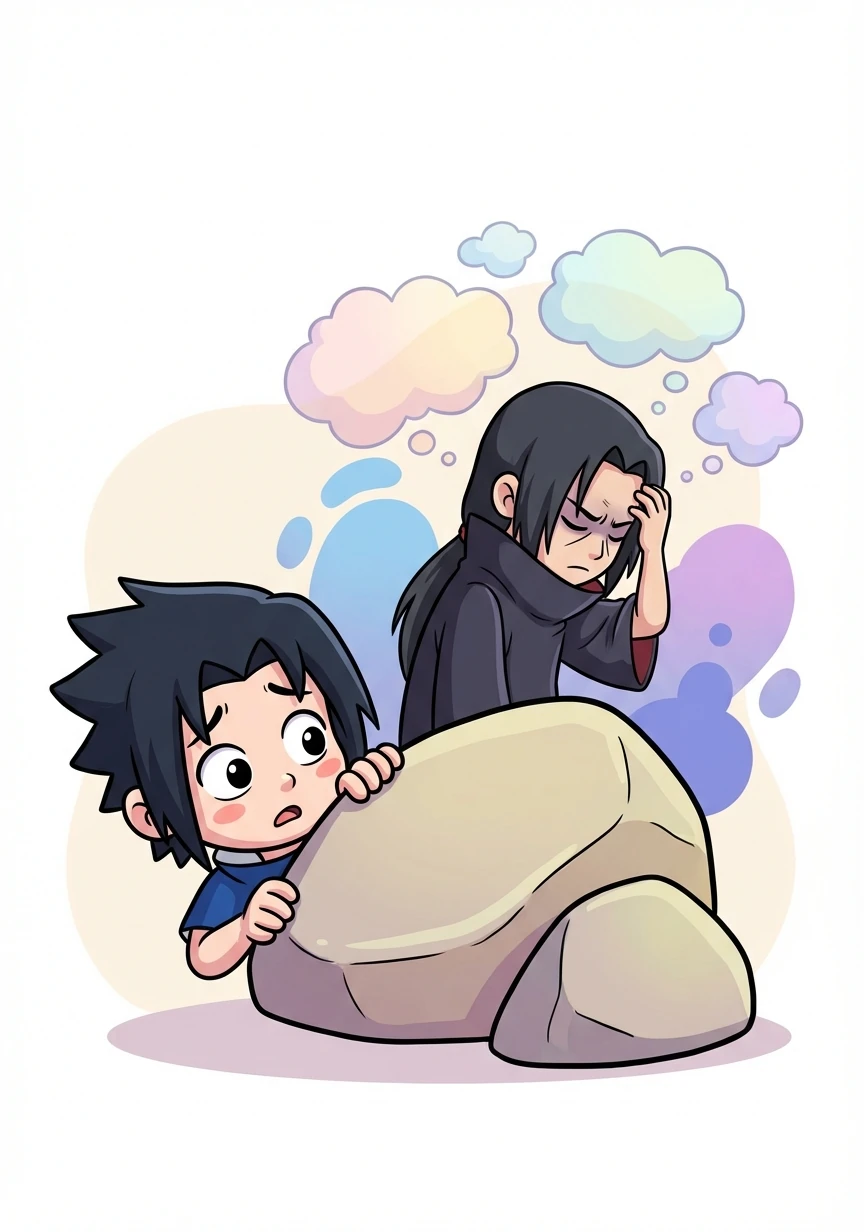 Sasuke, con el corazón latiendo con fuerza, observa la lucha interna de Itachi. Una mezcla de curiosidad y miedo se apodera de él.