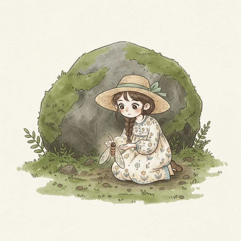 Di balik sebuah batu besar berlumut, ia menemukan seekor kunang-kunang kecil. Cahayanya sangat redup, hampir padam, dan ia tampak sangat kesepian dan tersesat. Sayapnya sedikit terkulai, menunjukkan kelelahan yang mendalam.