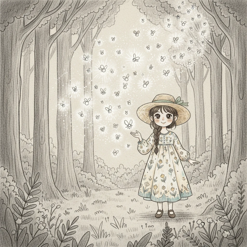 Akhirnya, mereka mencapai kumpulan kunang-kunang yang bersinar. Kunang-kunang kecil itu terbang dari tangan Laras, bergabung dengan tariannya, dan cahayanya kini bersinar paling terang. Seluruh keluarga kunang-kunang seolah menyambutnya dengan sorak-sorai cahaya.