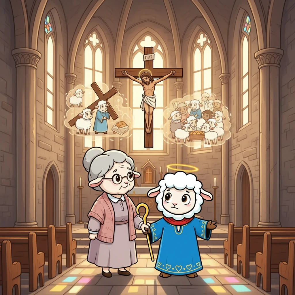 Eles caminharam até a igreja, onde Samuel observou a cruz e ouviu histórias sobre o sofrimento de Jesus. A avó explicou que Jesus se sacrificou por todos, mostrando o maior ato de amor que alguém pode ter. Samuel ficou emocionado com essa história de sacrifício.