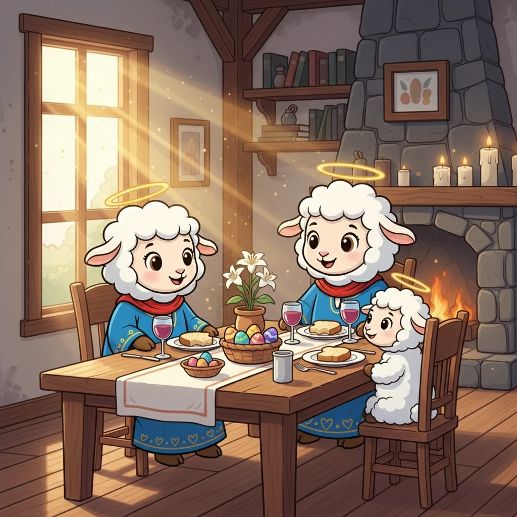 No domingo de Páscoa, Samuel acordou com o sol iluminando sua casa. Ele celebrou com sua família, comendo o pão e o vinho, lembrando-se do amor de Jesus. A Páscoa se tornou algo especial para ele.