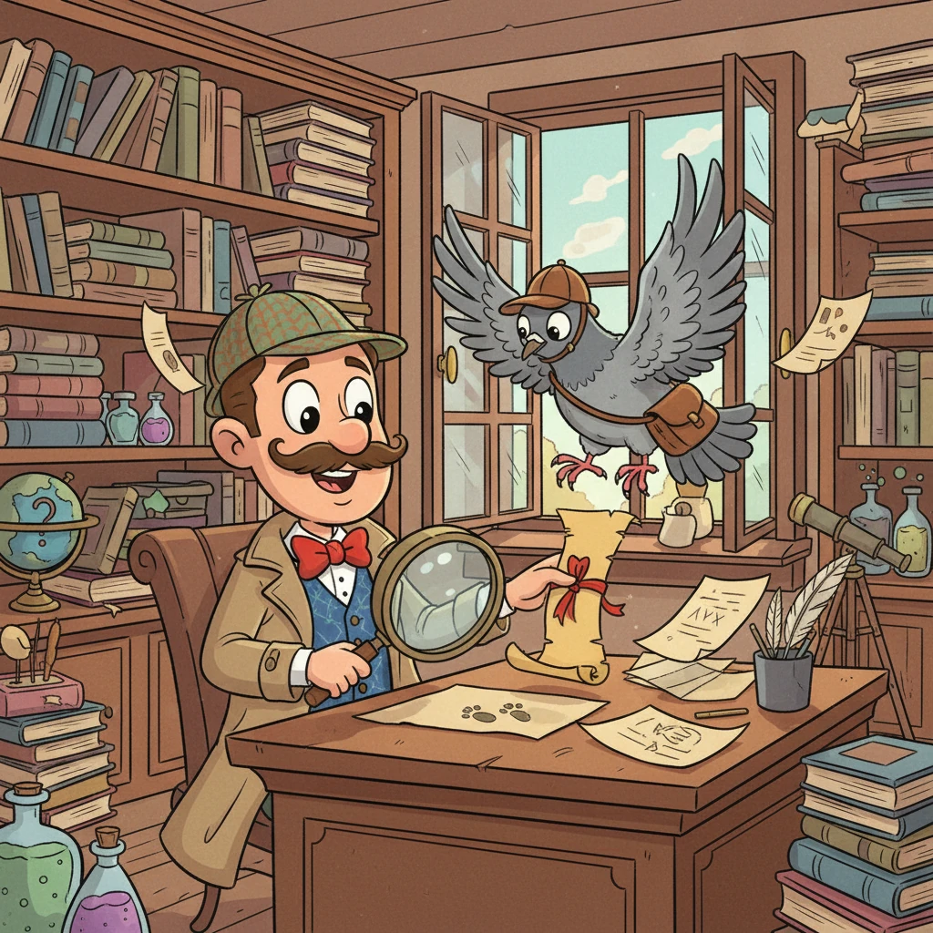 Detective Quill Sharp, a dapper little man with an oversized magnifying glass, sat amidst stacks of peculiar books in his wonderfully cluttered office. A frantic pigeon, wearing a tiny messenger hat, burst through his window, dropping a scroll with an urgent plea. Quill, with a twinkle in his eye, knew a new adventure was calling.