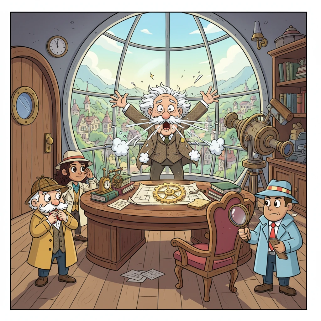 The town buzzed with whispers as Professor Phineas Putter, known for his grand inventions and even grander sneezes, vanished without a trace from his clifftop observatory. Only a single, shimmering brass gear was left on his polished desk. Fear began to ripple through the otherwise cheerful town of Whimsyville.