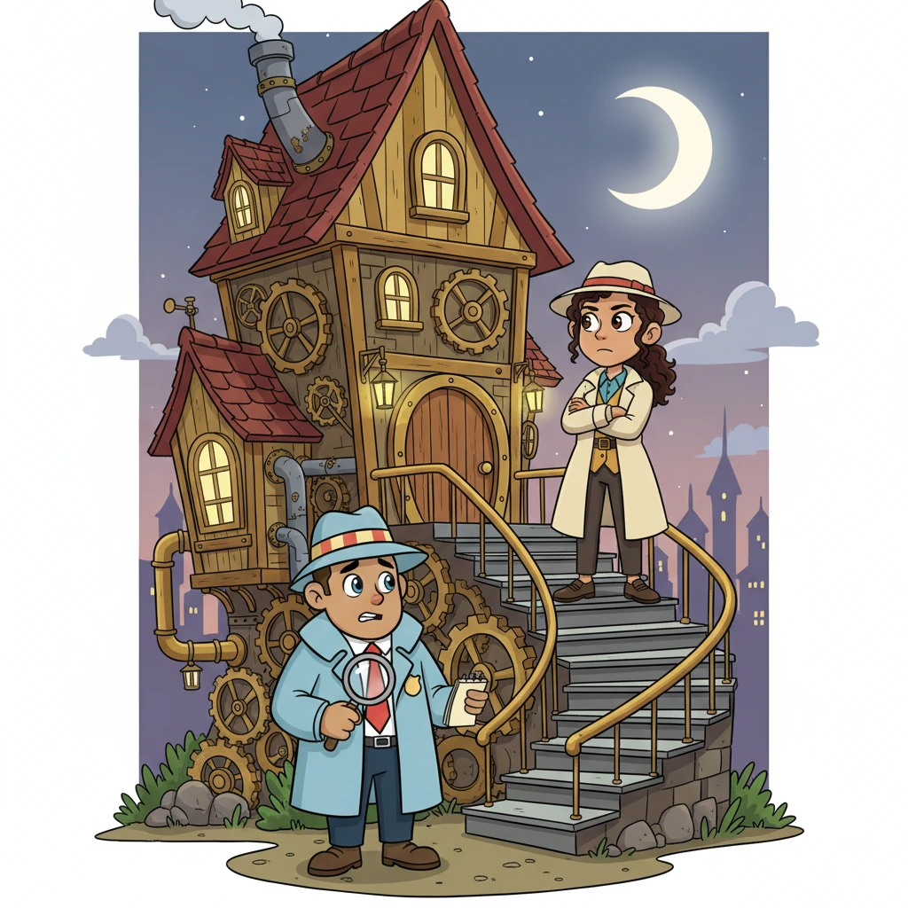 Quill arrived at the professor's towering, gear-laden house, where he was met by Elara Putter, the professor's sharp-witted niece. She stood with arms crossed, her brow furrowed with suspicion, clearly unimpressed by the eccentric detective's arrival. Her eyes, however, held a spark of worry for her missing uncle.
