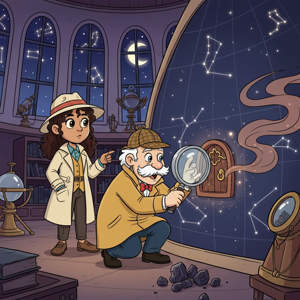 Quill meticulously examined the observatory, his magnifying glass glinting as he discovered a hidden compartment behind a rotating constellation map. Elara, initially aloof, pointed out a faint, unusual scent of burnt sugar Quill had missed. Together, they began to uncover the first true secrets of the disappearance.
