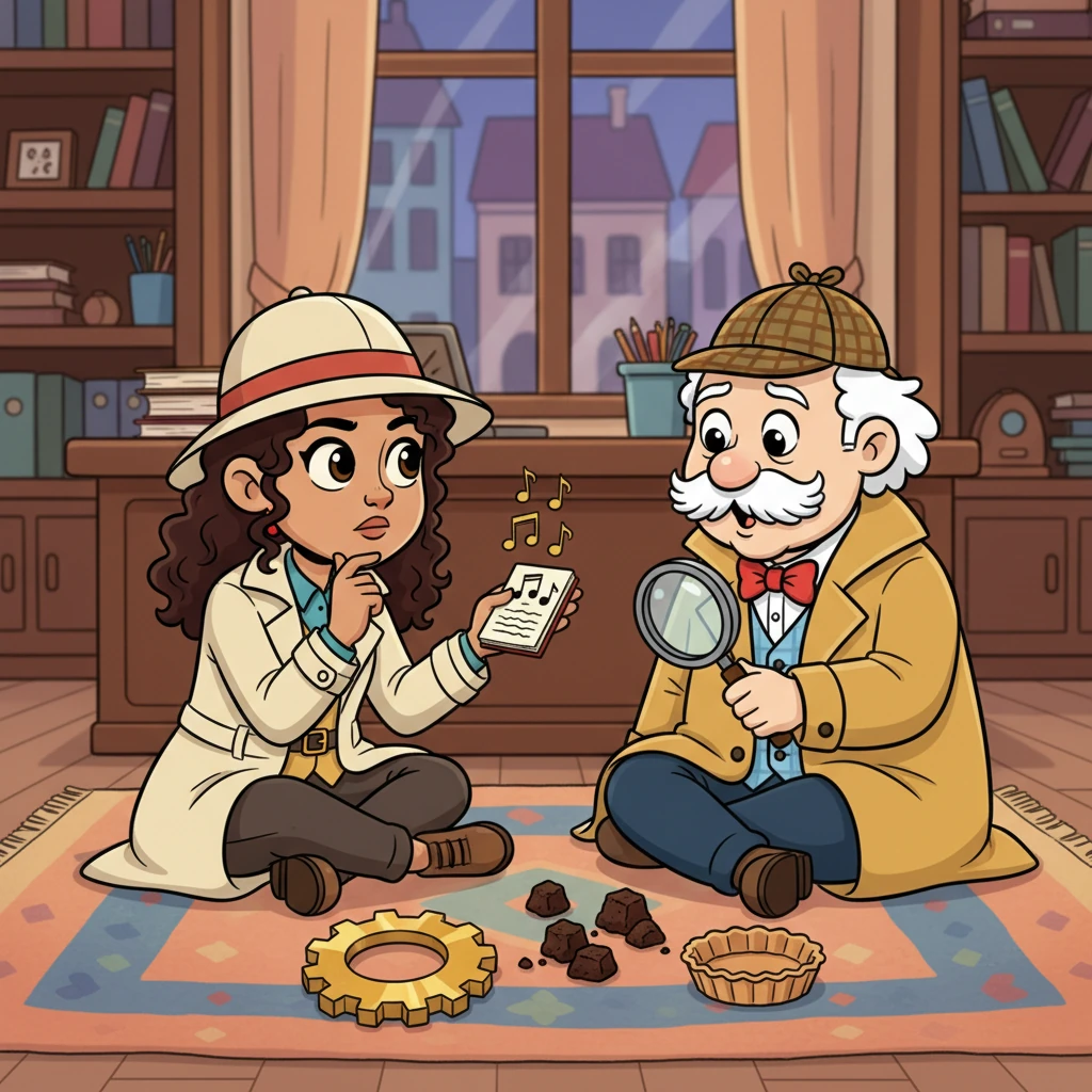 Sitting amidst a scattering of clues – the brass gear, the burnt sugar, the empty tart tin – Quill and Elara brainstormed furiously. Elara noticed a peculiar, almost musical hum mentioned by a witness near both scenes. A shared glance confirmed they were onto something much bigger than they first imagined.