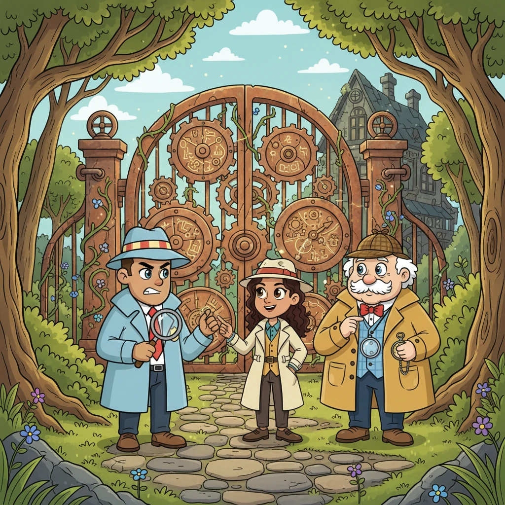 Following the faint, melodic hum, they navigated through a winding forest path to an old, overgrown automatons workshop, long thought abandoned. A giant, rusty clockwork gate blocked their way, adorned with a series of intricate, interlocking puzzles. They knew this was their destination.