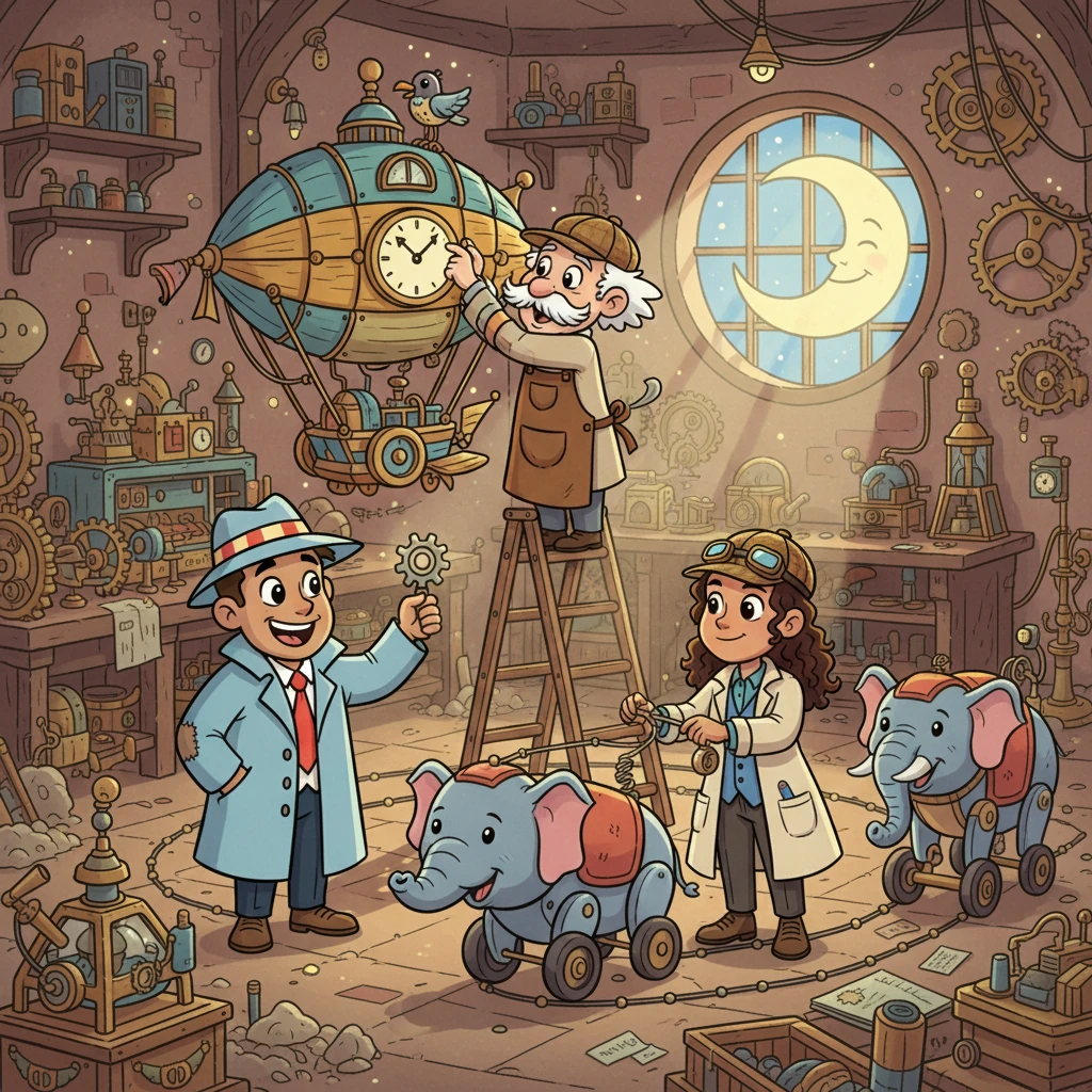 Inside the vast, dust-covered workshop, they found not a villain, but a lonely, brilliant inventor named Silas Cogsworth, surrounded by dozens of cheerful, mechanical contraptions. Professor Putter and Barnaby Buttercup were happily assisting Silas with his latest, grandest invention: a clockwork parade for the moon. Silas had simply "borrowed" them, believing they'd enjoy the project.