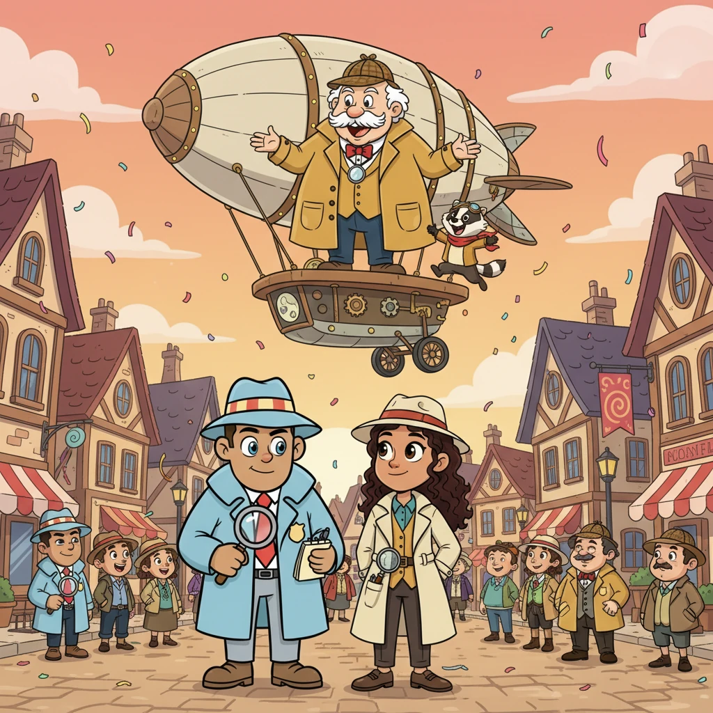 Whimsyville erupted in joyous celebration as Professor Putter and Barnaby Buttercup returned, regaling everyone with tales of the moon parade. Quill and Elara stood side-by-side, sharing a quiet, knowing smile. Their adventure had forged an unexpected friendship, hinting at many more mysteries they might solve together.