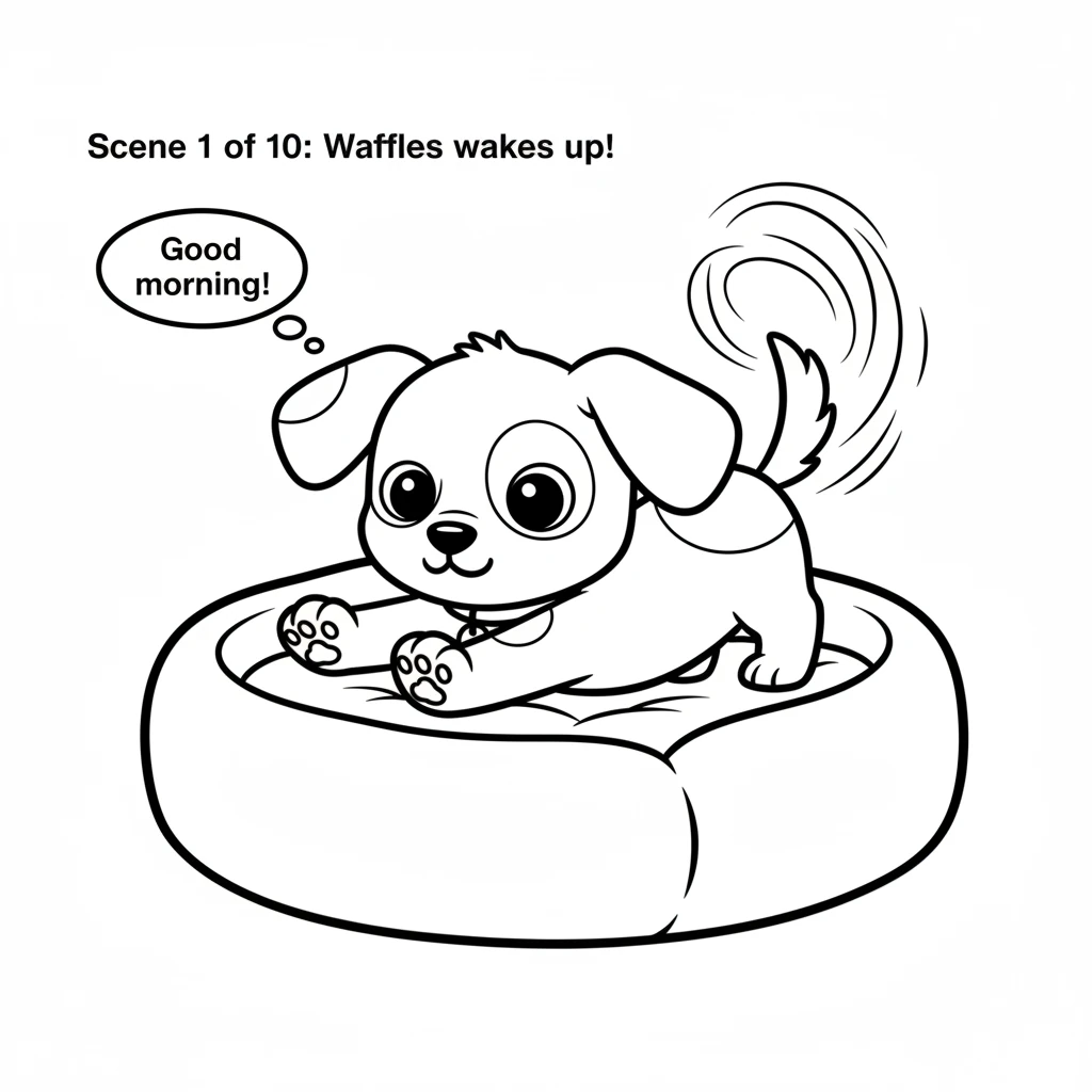 Waffles wakes up in his cozy, round bed, stretching his front paws out wide. His tail wags a happy, blurry circle.