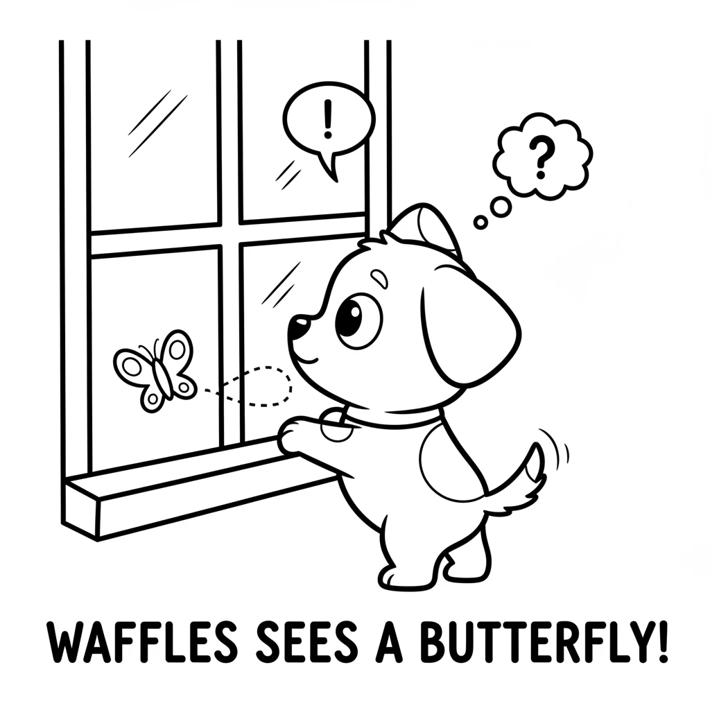 Waffles sees a bright yellow butterfly fluttering by the window. His ears perk up, and his eyes are wide with curiosity.