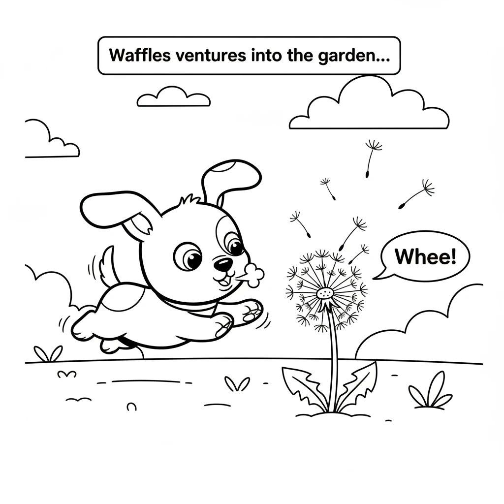 Waffles ventures into the garden, playfully pouncing on a fluffy white dandelion. Puffs of white fly into the air.