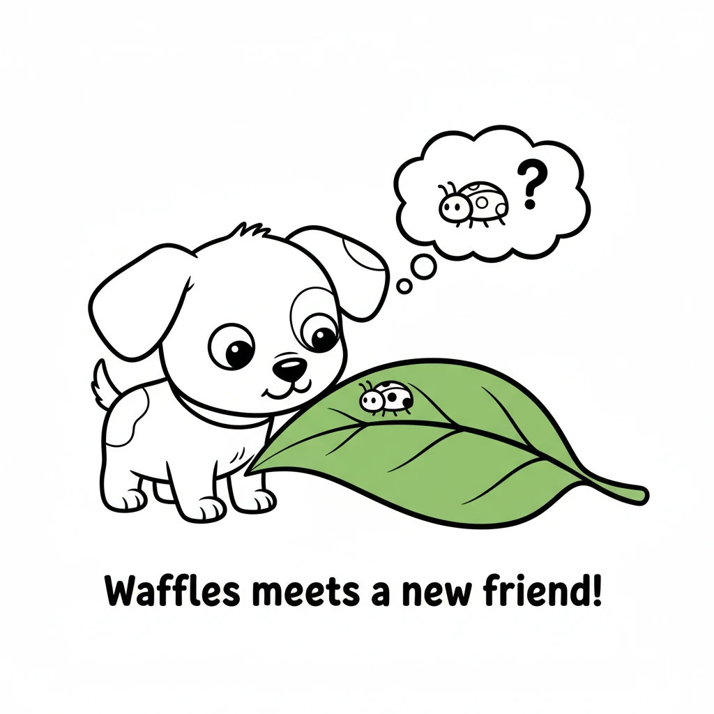 He meets a tiny, busy ladybug crawling on a green leaf. Waffles tilts his head, watching it intently with a soft nose.
