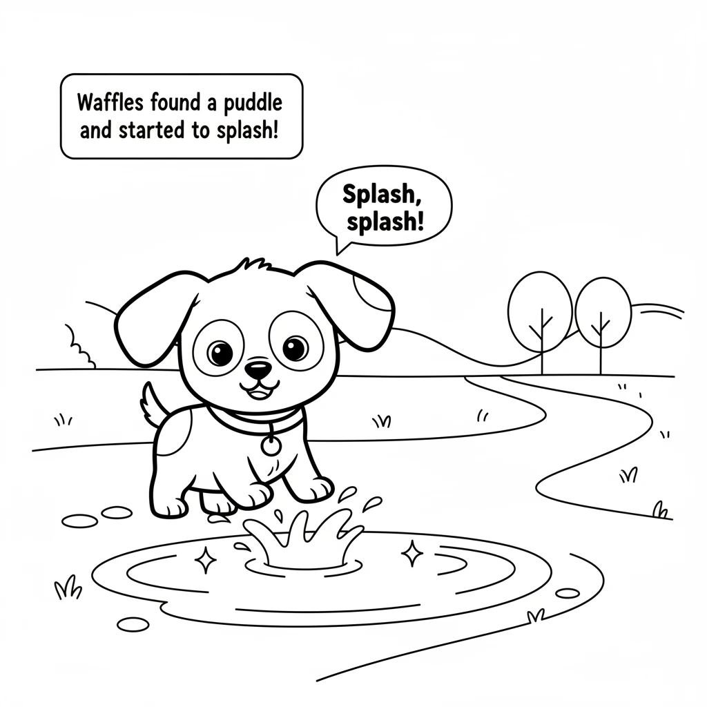 Waffles follows a winding path, discovering a sparkling puddle. He splashes his paws into the water, making little ripples.