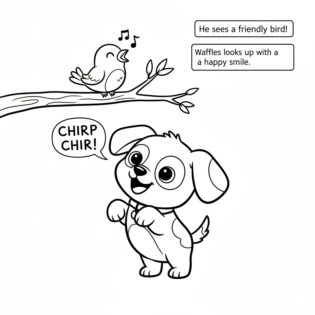 He sees a friendly bird perched on a low tree branch, chirping a sweet, round song. Waffles looks up with a happy smile.