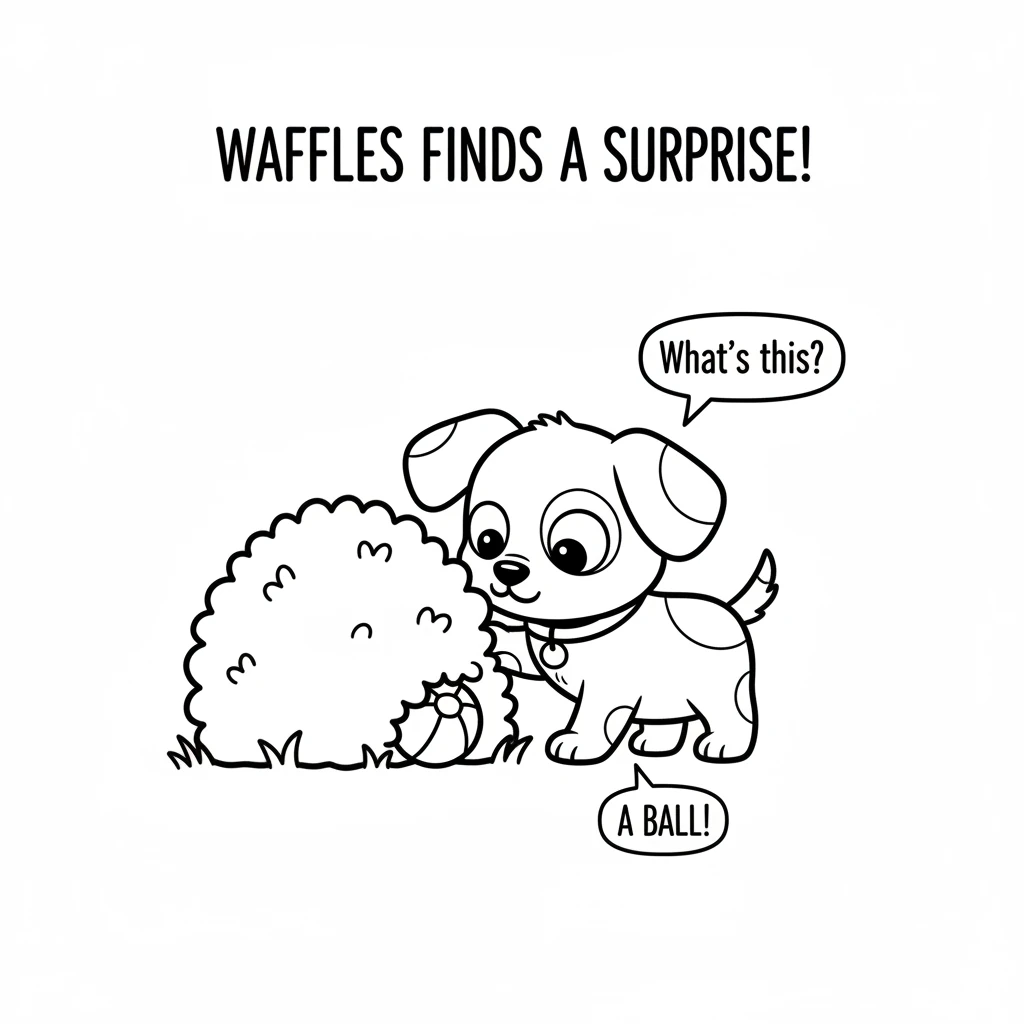 Waffles finds a small, colorful ball hidden under a green bush. It's a perfect red circle peeking out.