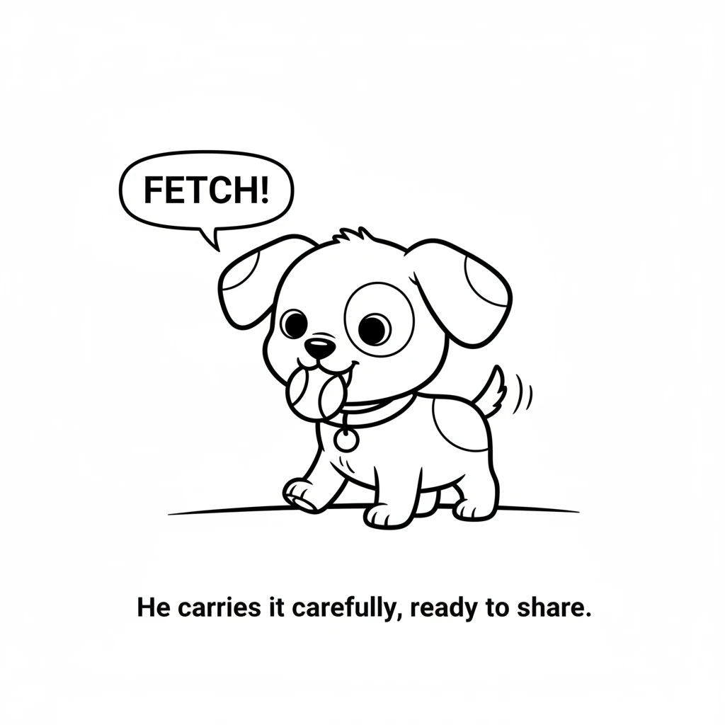 He gently picks up the ball in his mouth, his tail wagging with pride. He carries it carefully, ready to share.