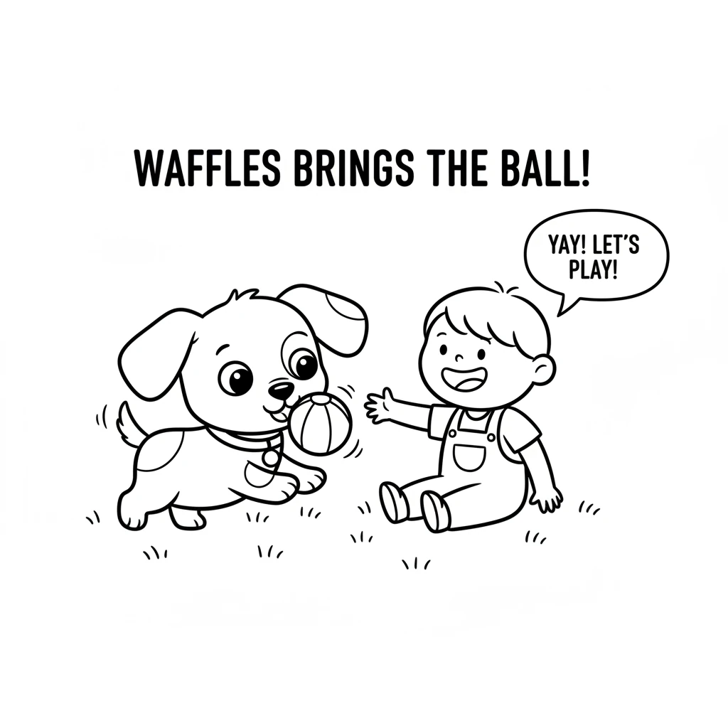 Waffles brings the ball to a smiling child sitting on the grass. The child reaches out a hand, delighted to play.
