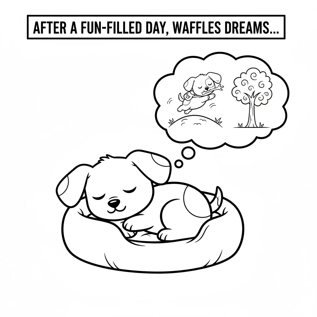 After a fun-filled day, Waffles curls up in his bed, fast asleep. He dreams of tomorrow's new adventures.