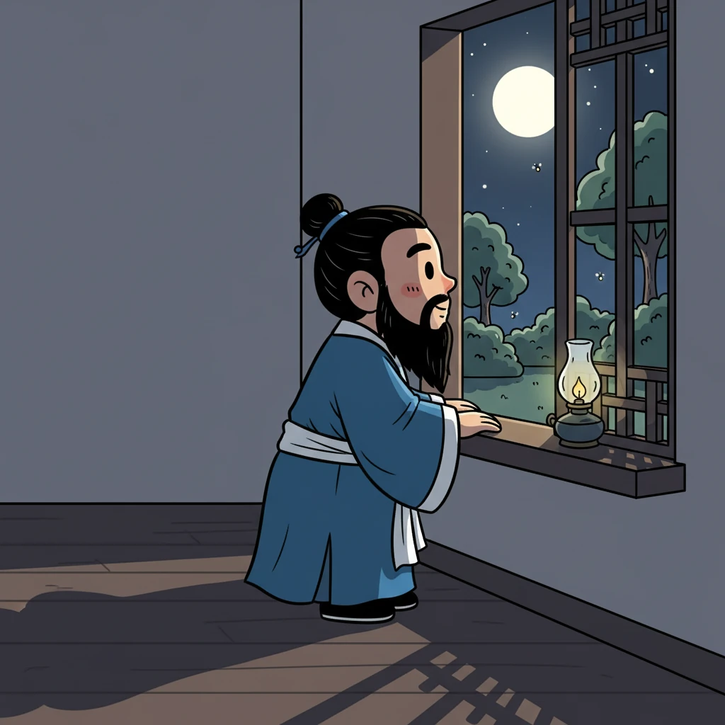 窗外传来庭院里的虫鸣，远处的更鼓声也隐约可闻。李白感到一丝空落，起身走向窗边。室内陈设简单，月光在地上投下斑驳的影子，窗台上摆着一盏熄灭的油灯。