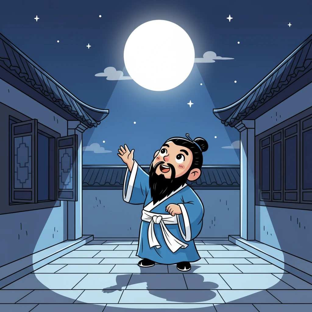 推开窗户，清冷的夜风拂面而来。李白走到庭院中央，抬头望向天空，一轮皓月高悬。月光倾泻而下，照亮了庭院的青石板路，白得耀眼。