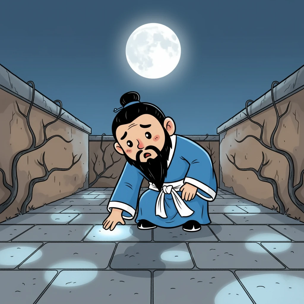 他下意识地低头，看着脚下的月光，恍惚间竟以为是深秋降下的寒霜。他弯腰伸手去拂，指尖触到的却是石板的微凉。庭院两侧是低矮的土墙，墙上爬着几根枯藤。