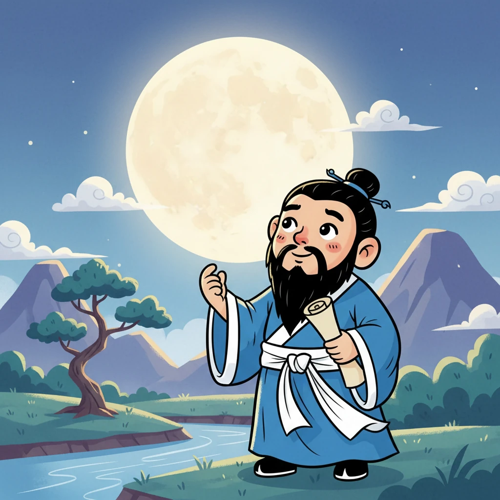 指尖的微凉让李白猛然回过神，他直起身，再次抬头望向那轮明月。月光温柔地洒在他的脸上，照亮他眼底的思念。他想起了远方的故乡，想起了家中的亲人。