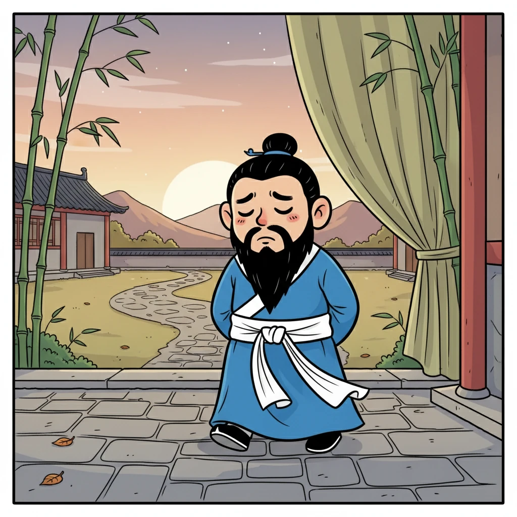 良久，他缓缓低下头，眉头微蹙，嘴角带着一丝淡淡的愁绪。双手背在身后，在庭院中轻轻踱步，思乡之情在心中翻涌。竹帘随风飘动，隐约能看到门外的石板路通向远方。