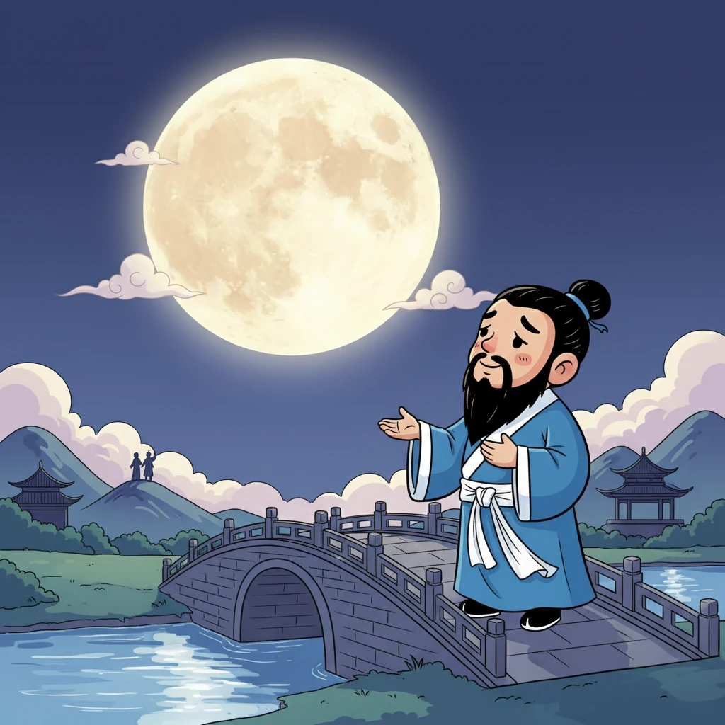 李白仰望明月，心中涌动着对故乡的思念。他想起家乡的明月，是否也如这般皎洁？是否也有亲人在遥望？他心头百感交集，眼中泛起淡淡的忧愁。