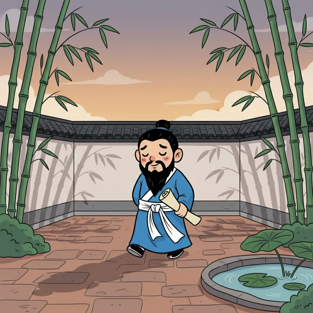 他缓缓踱步，思绪万千。庭院里的竹影婆娑，更添了几分孤寂。他想起了曾经的欢声笑语，想起了故乡的山水，一切都变得遥远而模糊。