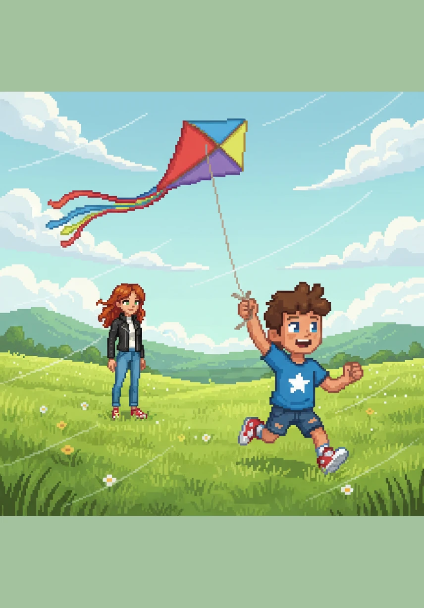 The wide, grassy field was alive with the sound of rustling leaves and whistling wind. Ben ran across the hill, feeling the cool breeze pull at the colorful tail of his kite.