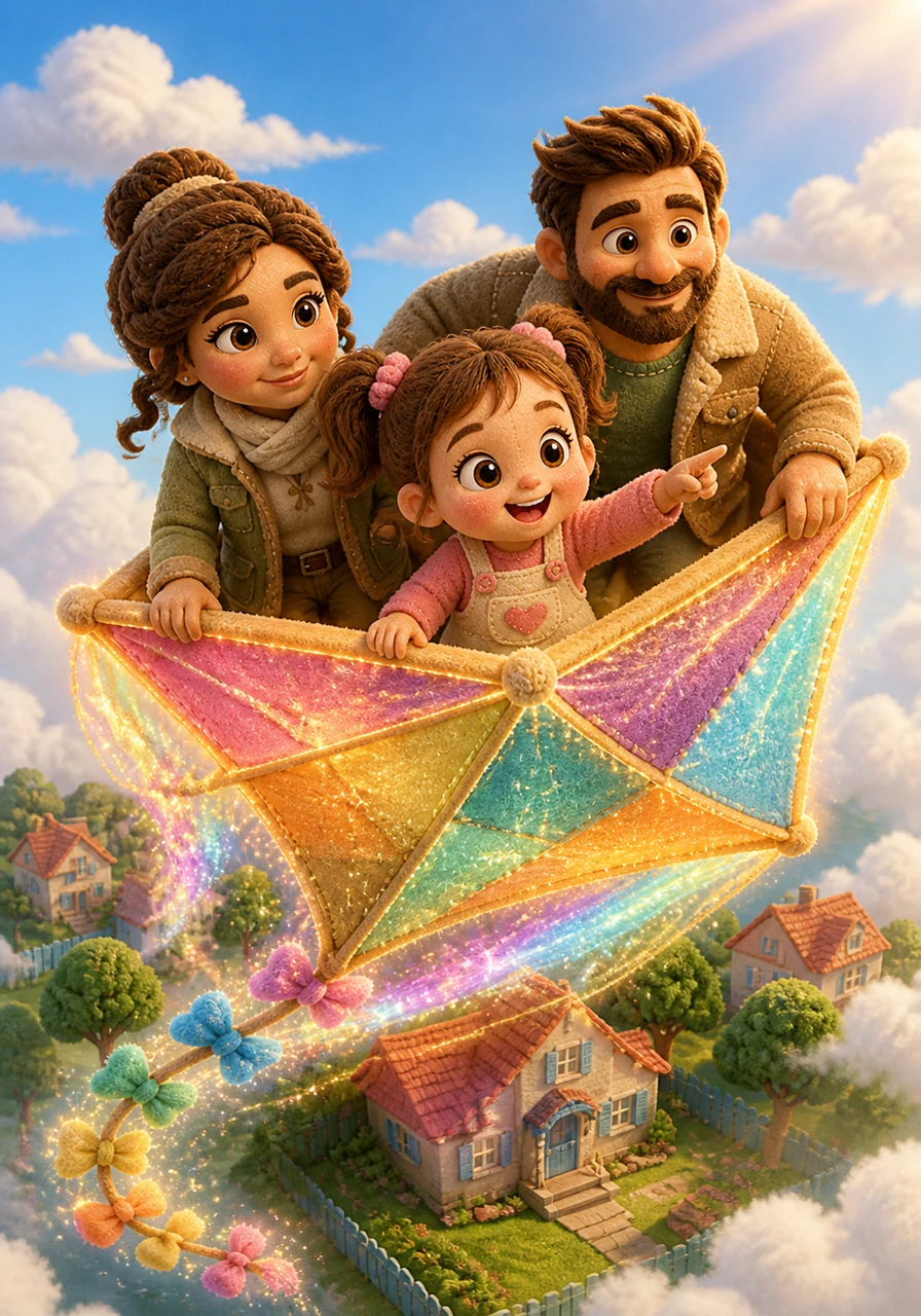 One morning, Lina’s favorite old kite began to glow with shimmering colors, transforming into a magical flying vehicle right before their eyes. The family climbed aboard and soared high into the clouds, leaving their backyard behind for a grand adventure.