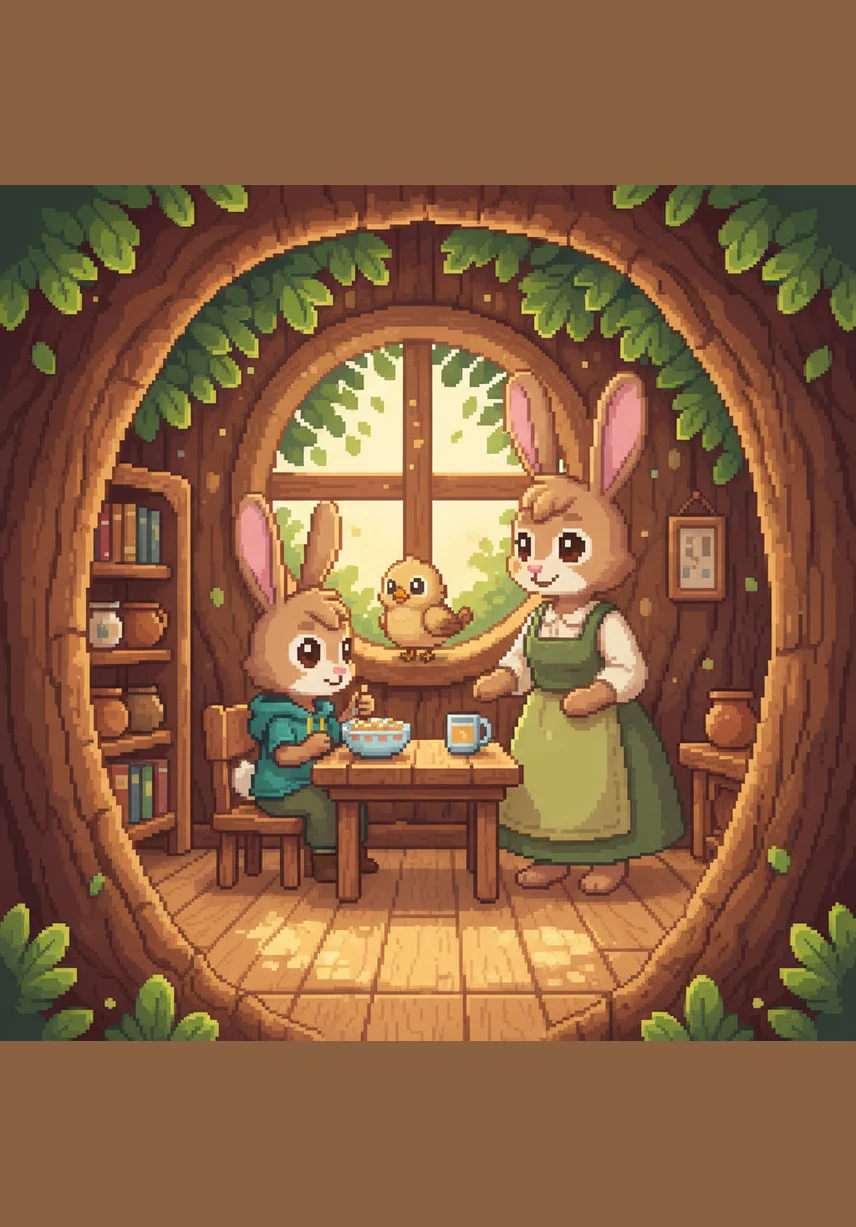 Léo le petit lapin vit paisiblement avec sa maman dans une charmante maison nichée au pied d'un grand chêne. Le matin, la lumière douce du soleil filtre à travers les feuilles, créant une atmosphère chaleureuse et sécurisante dans leur foyer forestier.