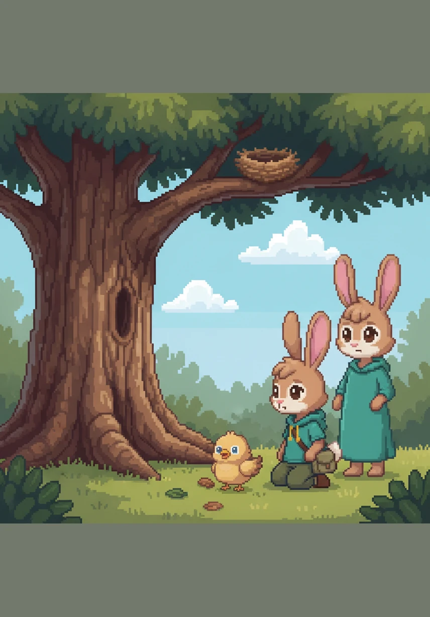 Au pied d'un arbre imposant, Léo découvre un petit oisillon tremblant qui est tombé de son nid. Le pauvre petit oiseau regarde avec envie sa maison située tout en haut des branches, incapable de s'y envoler tout seul.