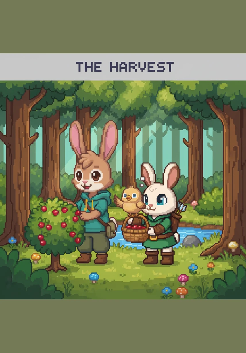 Travaillant en parfaite harmonie, les quatre amis unissent leurs forces et leur ingéniosité pour secourir l'oisillon. Grâce à l'agilité de l'écureuil et au soutien de ses compagnons, ils parviennent à ramener délicatement le petit oiseau dans son nid.